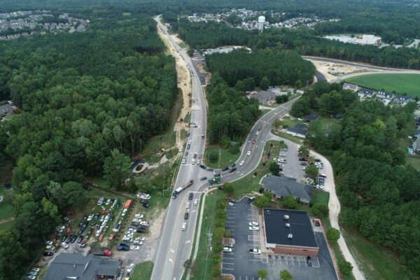 An aerial view of the Burlington Mills Road Paving as part of the Rolesville Main Street Improvement Project.
